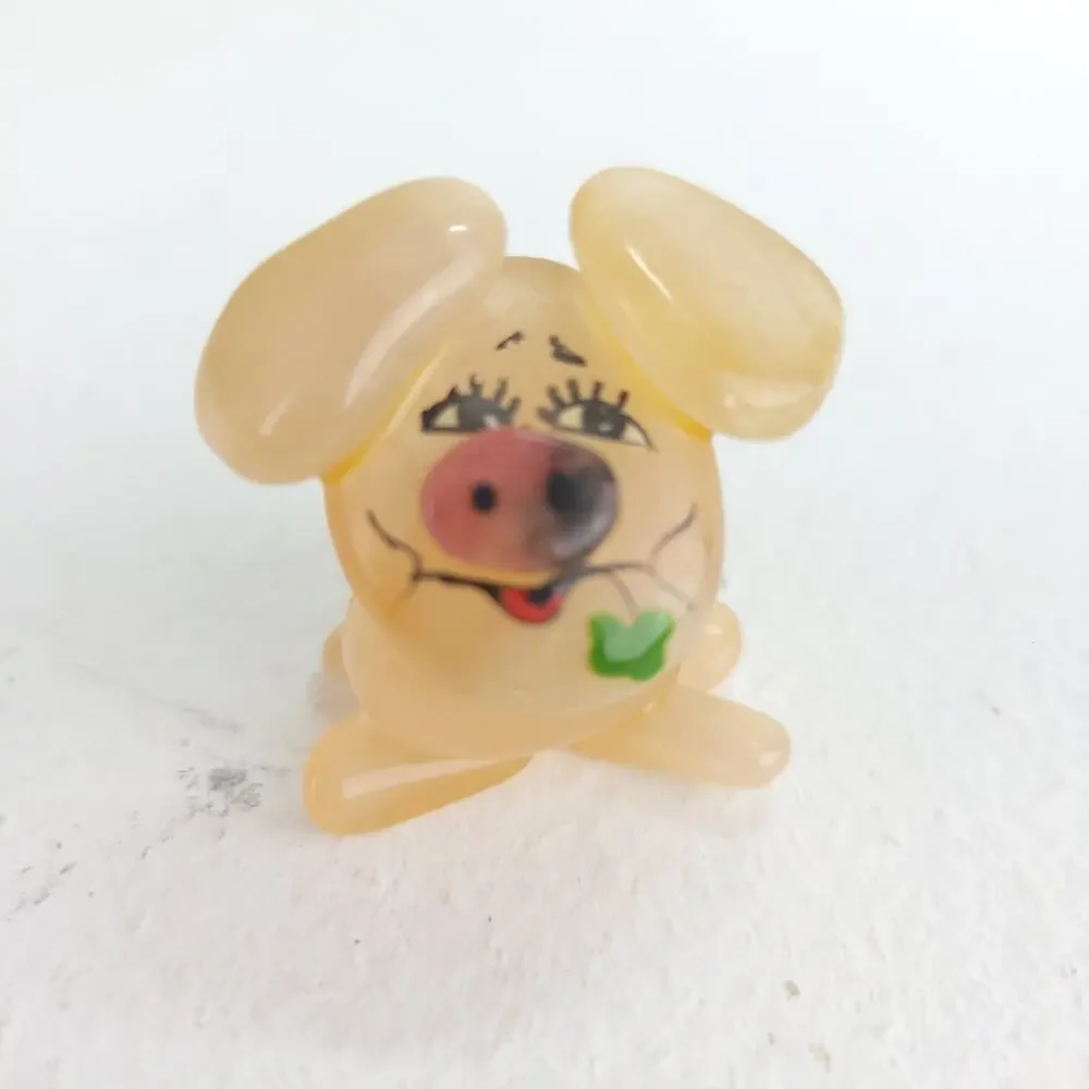 Pink Stone Pig Eating a Clover Mini Figuring Metal Curly Tail Piggy Cute Sweet